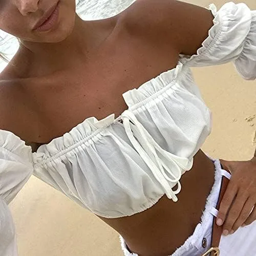 Vista 3 de leveltech Camiseta sin tirantes para mujer con hombros descubiertos y volantes, A-blanco