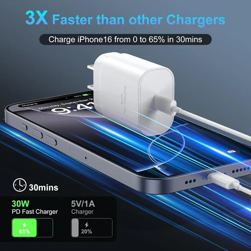 Vista 2 de Cargador para teléfono 17, 16, 15 Pro Max, carga rápida PD de 30 W, cable de carga para iPhone 17 de 6 pies (65 W/3 A), cable largo USB C con iPhone