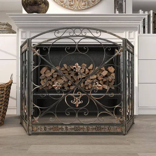 Vista 7 de Deco 79 Pantalla de metal para chimenea, plegable, arqueada, 3 paneles con detalles de flor de lis, 52 x 1 x 31 pulgadas, color negro