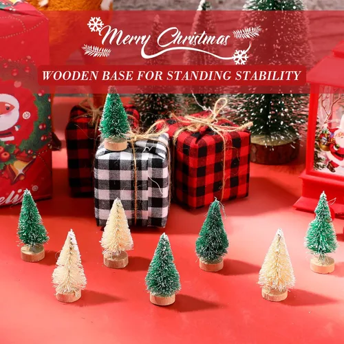 Vista 6 de Crowye 100 piezas de mini árbol de Navidad artificial, árboles de sisal con base de madera para mesa, árboles de botella para decoración de mesa