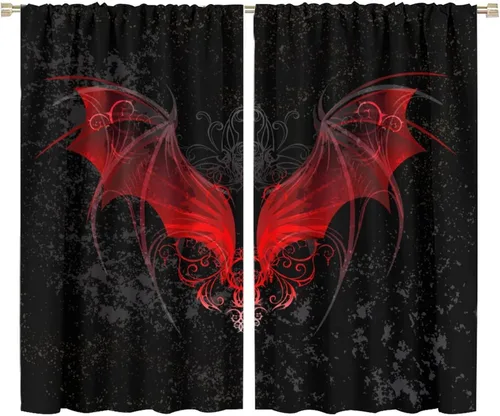 Vista 23 de Cortinas góticas rústicas con estampado de cuervo de bosque brumoso, rama, luna, bolsillo para barra, cortinas de ventana para dormitorio, sala