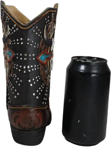 Vista 6 de Ebros Gift Rústica Country Western Cow Skull Turquesa Cruz y Alambres de púas de cuero sintético de vaquero Bota de vaquero decorativa florero
