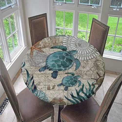 Vista 10 de Mantel ajustable con temática náutica con diseño de cangrejo, mapa de vida costero azul del océano, borde elástico, cubierta impermeable y lavable