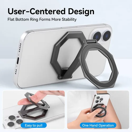 Vista 4 de Soporte magnético octogonal plegable de 360° giratorio para teléfono de escritorio de automóvil, uso universal, compatible con iPhone 12-17 Pro Negro