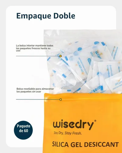 Vista 9 de Wisedry 5 Gram [60 Paquetes] Bolsas de Gel de Sílice de Grado Alimentario Recargables Deshumidificadores Desecantes con Cuentas Indicadoras
