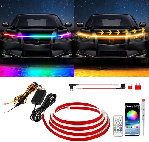 Vista 9 de Tira de luz LED para el exterior del capó del coche, kit de haz de arranque de escaneo dinámico de doble color, luces LED de circulación diurna