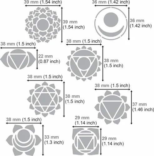 Vista 3 de Aleks Melnyk No.415 Plantilla de metal, chakras, mandala, yoga, símbolos para meditación, Om, geometría sagrada, plantilla para leña, grabado