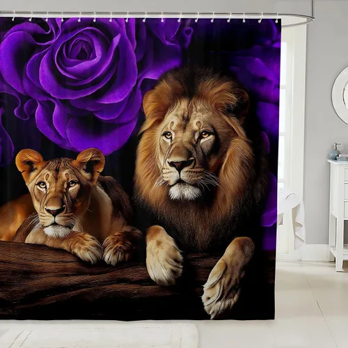 Vista 18 de Cortina de ducha con estampado de leopardo y gato con rosas rojas, 72 pulgadas de ancho x 72 pulgadas de largo, juego de cortina de ducha con flores