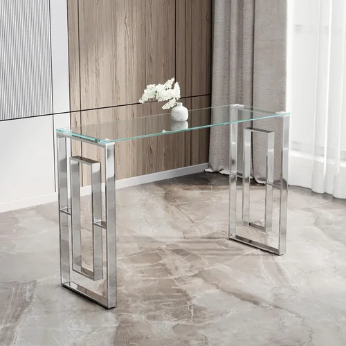 Vista 15 de SSLine Mesa consola moderna de lujo, mesa rectangular de cristal para entrada de pasillo, sala de estar, almacenamiento de 2 niveles, diseño
