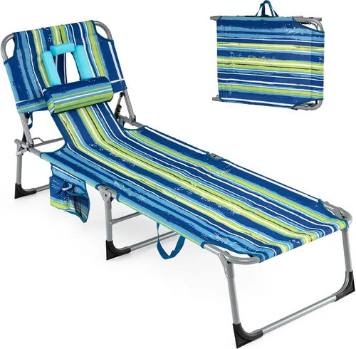 Vista 24 de Goplus Silla bronceadora, silla plegable ajustable para patio con orificio para la cara, almohada extraíble, 330 libras, correa de transporte, silla