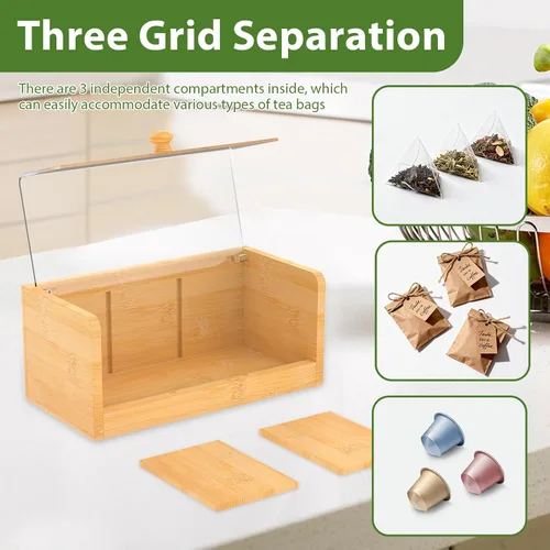 Vista 7 de Caja de té de bambú y acrílico con 3 compartimentos de 8.66 x 4.33 x 3.94 pulgadas, soporte decorativo para bolsitas de té con tapa transparente