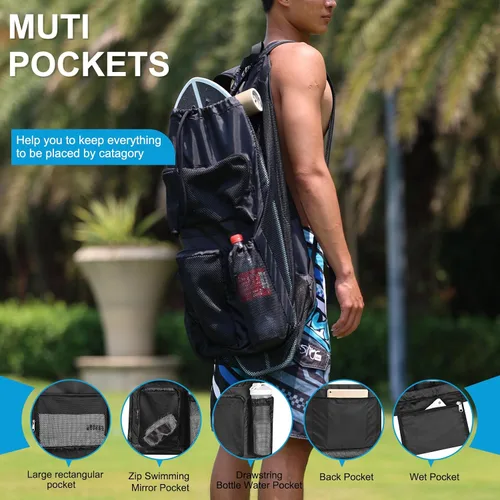 Vista 3 de Bolsa de natación para nadadores, bolsa de natación de malla grande, 80 L (capacidad de 8 balones de fútbol), mochila de playa ligera impermeable
