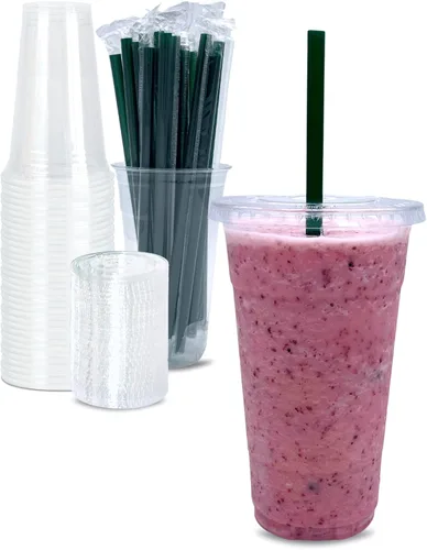 Vista 10 de [50 juegos] Vasos de plástico transparente de 12 onzas con tapas y popotes, tazas desechables para café helado con tapas, tazas transparentes