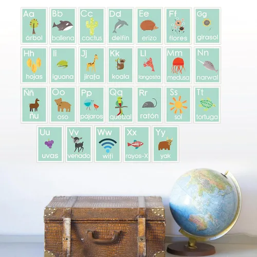 Vista 2 de Tarjetas de pared del alfabeto español de 5 x 7 pulgadas, naturaleza azul, arte de pared para niños, decoración de guardería, decoración