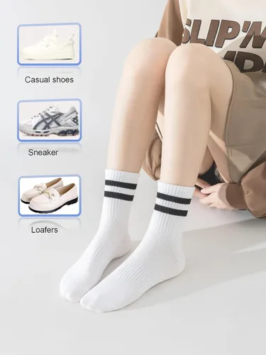 Vista 5 de YUWELL Calcetines crew a rayas para mujer, calcetines casuales de algodón cómodos para mujer, 4 pares, talla 5-10