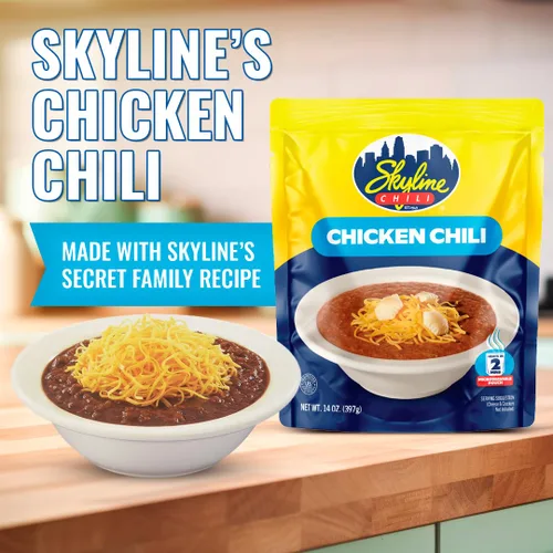 Vista 3 de Skyline Chili Chile de pollo – Auténtica receta estilo Cincinnati en bolsas para microondas – Perfecto para conos de queso, perros calientes