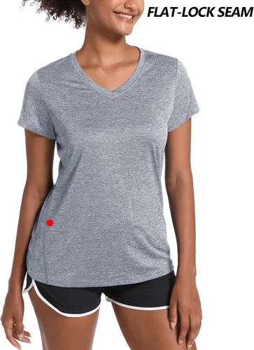 Vista 4 de MAGCOMSEN Camiseta de manga corta con cuello en V para mujer, absorbe la humedad, camiseta de entrenamiento atlético, ropa deportiva, tops de yoga