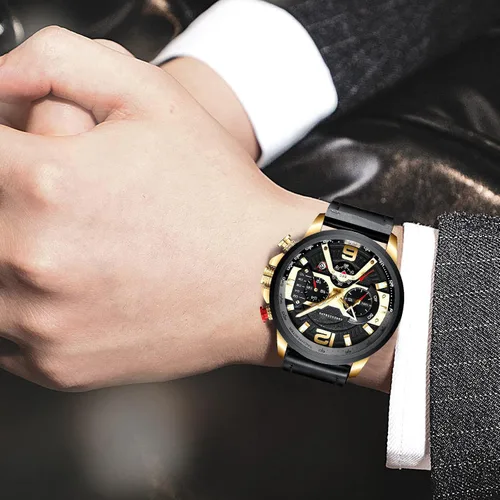 Vista 4 de Reloj de pulsera analógico de cuarzo para hombre, cronógrafo, impermeable, correa de cuero, correa de cuero, reloj de pulsera
