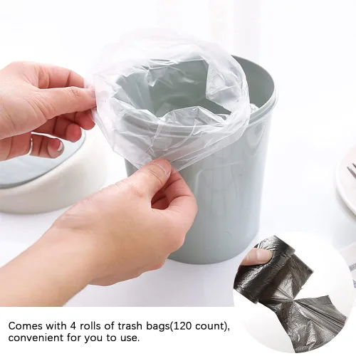 Vista 4 de SITAKE 2 cubos de basura de plástico con 120 bolsas de basura, pequeño cubo de basura de escritorio con tapa abatible para el hogar, oficina