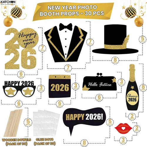 Vista 3 de KatchOn, Glitter New Years Photo Booth Props 2026 - Pack of 30 Gold and Black New Years Eve Photo Booth Props for Happy New Year Decorations 2026