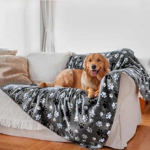 Vista 8 de Mantas impermeables para perros, manta para mascotas, con estampado de huellas, súper suave, cálida y mullida, toallita protector de sofá, coche