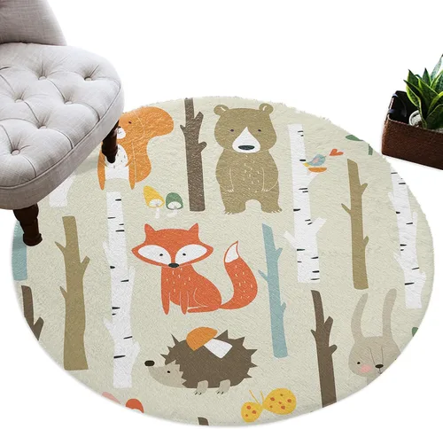 Vista 2 de Alfombra de área de 5 pies para interior, redonda, diseño de dibujos animados, conejo, oso, zorro, bosque, alfombra lanuda para niños, habitación