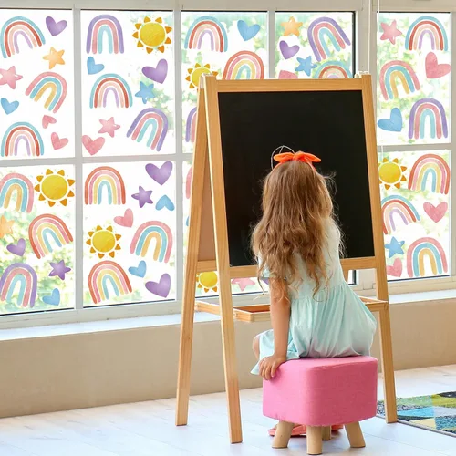 Vista 4 de AnyDesign 9 hojas de calcomanías de ventana de arco iris bohemio que se adhiere a la escuela, corazón, sol, estrella, doble cara, calcomanías