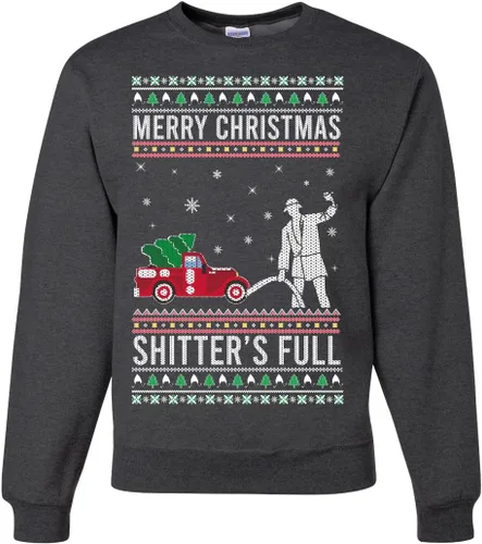 Vista 10 de Wild Bobby Sudadera con gráfico de cuello redondo con texto en inglés "Merry Christmas Shitter's Full Funny Ugly Christmas" Negro (black Hoodie)