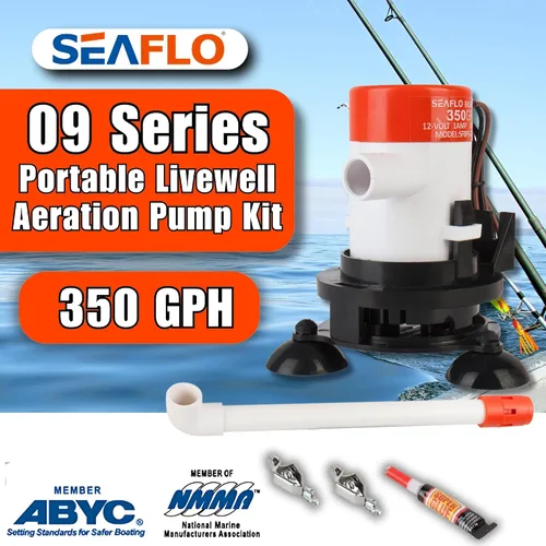 Vista 3 de SEAFLO Kit de bomba de aireación Livewell portátil serie 09 – 12 V, 350 GPH, sumergible, cabezal rociador ajustable, funcionamiento silencioso