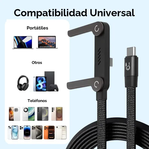 Vista 5 de Cable de carga trenzado de 240W con soporte para teléfono incorporado, 2026 Nuevo cable USB-C plegable y duradero de 90 grados, cable de carga 3