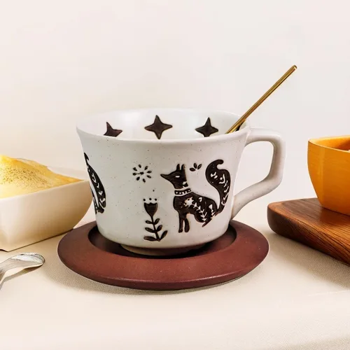 Vista 5 de Taza de café de cerámica vintage Taza de té de café de cerámica gruesa con platillo y cuchara de madera, taza de té y platillo de 12 onzas