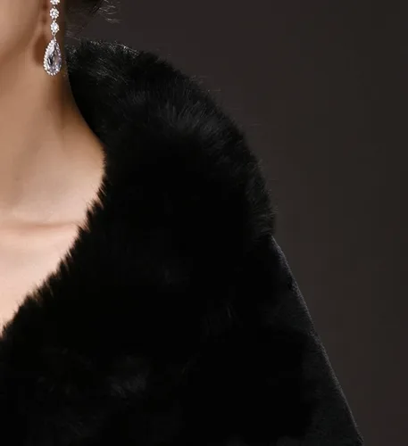 Vista 5 de CHITONE Abrigo de piel sintética negra para mujer, chal para boda, fiesta, espectáculo, Negro