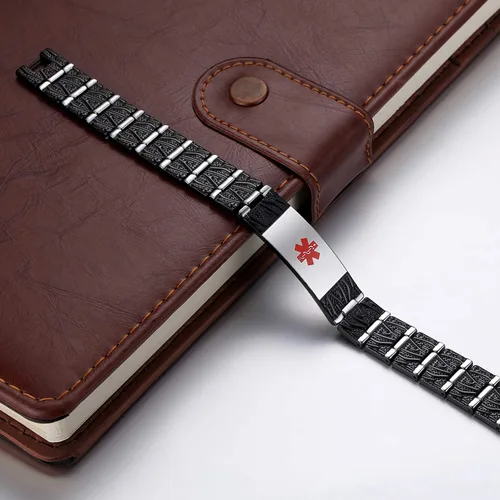 Vista 2 de LinnaLove Las pulseras de alerta médica para hombres Meridian acero inoxidable pulseras de identificación médica con grabado gratuito