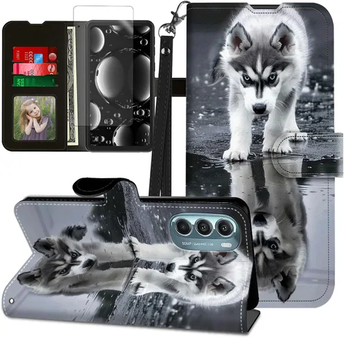 Vista 214 de Funda para Motorola Edge 2022 con protector de pantalla, soporte y tarjetero y correa para la muñeca, funda magnética para Moto Edge 2022 5G UW Lobo