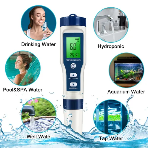 Vista 7 de Medidor TDS 5 en 1, medidor de pH digital de alta precisión 0.01 para agua, probador de PH/TDS/EC/sal/temperatura, medidor PPM para agua potable