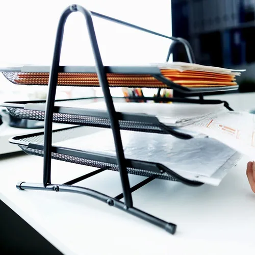 Vista 7 de Performore Bandeja organizadora de papel apilable de 3 niveles para escritorio, estante de archivos de metal negro para papel de tamaño legal
