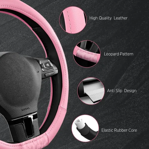 Vista 4 de Road Comforts Funda para volante, cubierta de volante de parte inferior plana hecha con piel de PVC y tela de leopardo, ajuste universal