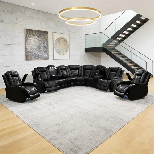 Vista 29 de Juego de sofá modular reclinable eléctrico para sala de estar, juego de sofá reclinable de cuero con luces LED / almacenamiento oculto, sofá