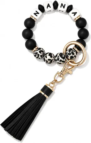 Vista 30 de BAOSIWA Pulsera de cuentas de silicona, llavero de pulsera, cadena para mujer, con borla de cuero Negro