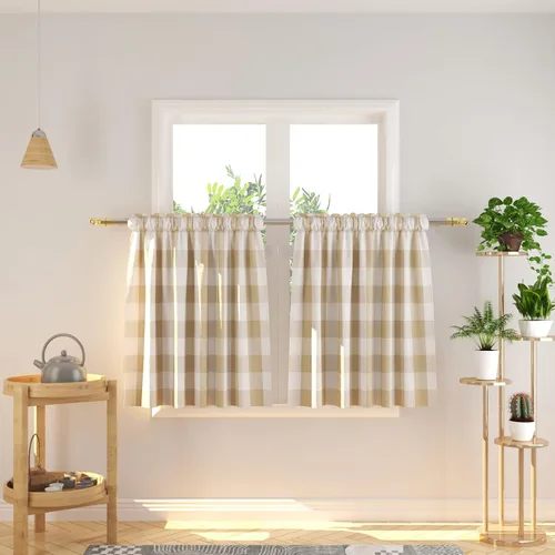 Vista 30 de Cenefas de cortina para ventana de 16 pulgadas de largo, 2 paneles de cuadros búfalo, cortinas pequeñas con bolsillo para barra, estilo clásico