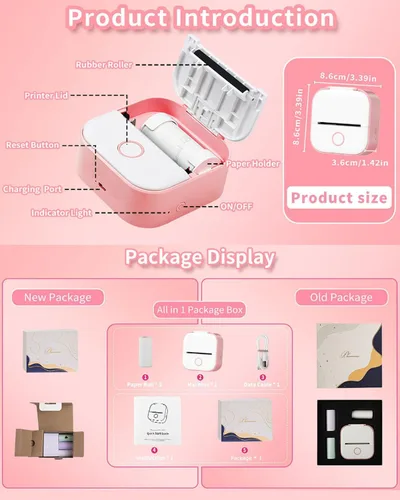 Vista 8 de Memoking T02 Mini impresora térmica, mini impresora de la etiqueta engomada Rosa