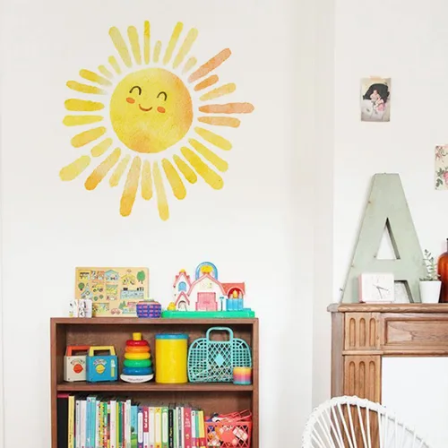 Vista 7 de Decoración grande para cuarto de bebé, sol sonriente y flor de color, calcomanía de pared para sala de juegos, aula y fiesta, acuarela Dreamscape