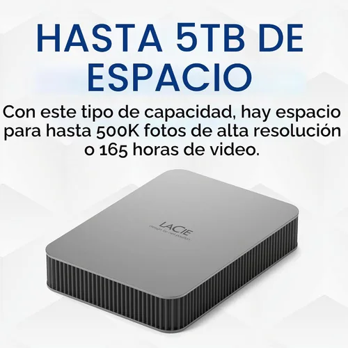 Vista 3 de LaCie Mobile Drive, disco duro externo portátil de 5TB - Plata Lunar, USB-C 3.2, para PC y Mac, reciclado post-consumo, con Adobe All Apps Plan