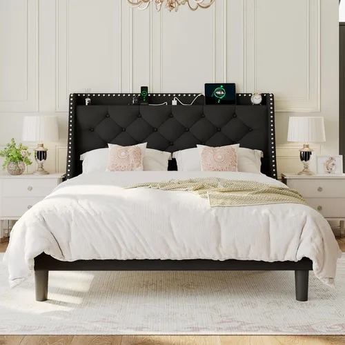 Vista 9 de Einhomn Base de cama de tamaño matrimonial con cabecera de almacenamiento copetuda con botones en la parte trasera y puertos tipo CA, plataforma