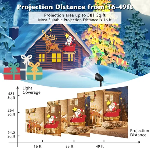 Vista 4 de Goplus Proyector de luces de Navidad al aire libre, lámpara de proyección LED de Papá Noel en trineo con ángulo ajustable de 65°, estaca de césped