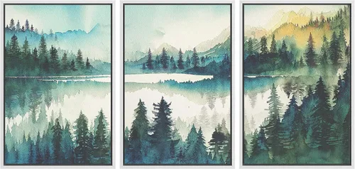 Vista 15 de MUDECOR Lienzo enmarcado para pared, juego de arte de acuarela pastel, bosque de pinos, naturaleza silvestre, ilustraciones modernas, decorativas