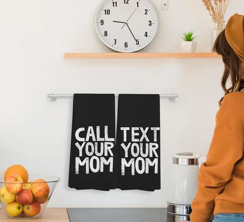 Vista 3 de Call Your Mom - Juego de 2 toallas de cocina y paños de cocina negros, toallas decorativas para baño, regalos de graduación, toallas de tela