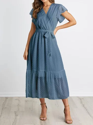 Vista 3 de BTFBM Vestido de verano para mujer bohemio floral casual con cuello en V con volados sin mangas con cinturón acampanado dobladillo plisado con vuelo