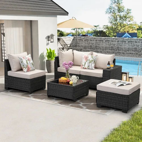 Vista 8 de JOYURE Juego de muebles de patio de 5 piezas, para todo tipo de clima, para exterior, sofá seccional de mimbre, sofá de ratán para patio con cojín