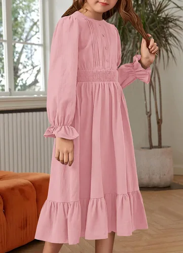 Vista 3 de HOSIKA Vestido casual de otoño de manga larga con cuello redondo y volantes escalonados y bolsillos para niñas de 6 a 12 años